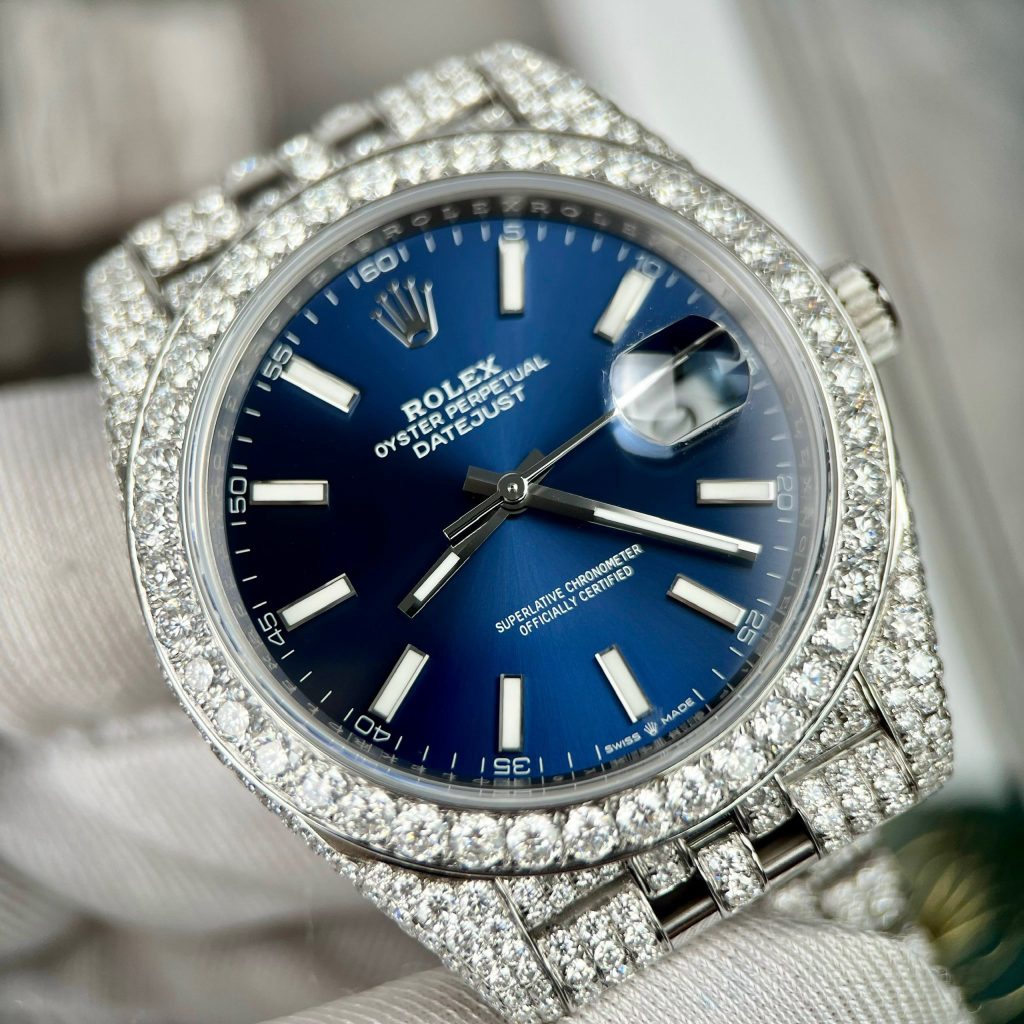 Rolex DateJust Custom Moissanite Diamonds Replica Watches Blue Dial 41mm (1)