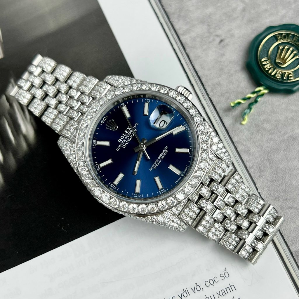 Rolex DateJust Custom Moissanite Diamonds Replica Watches Blue Dial 41mm (1)