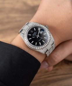 Rolex DateJust Replica Watch Custom Moissanite Diamonds Black Dial 41mm (2)
