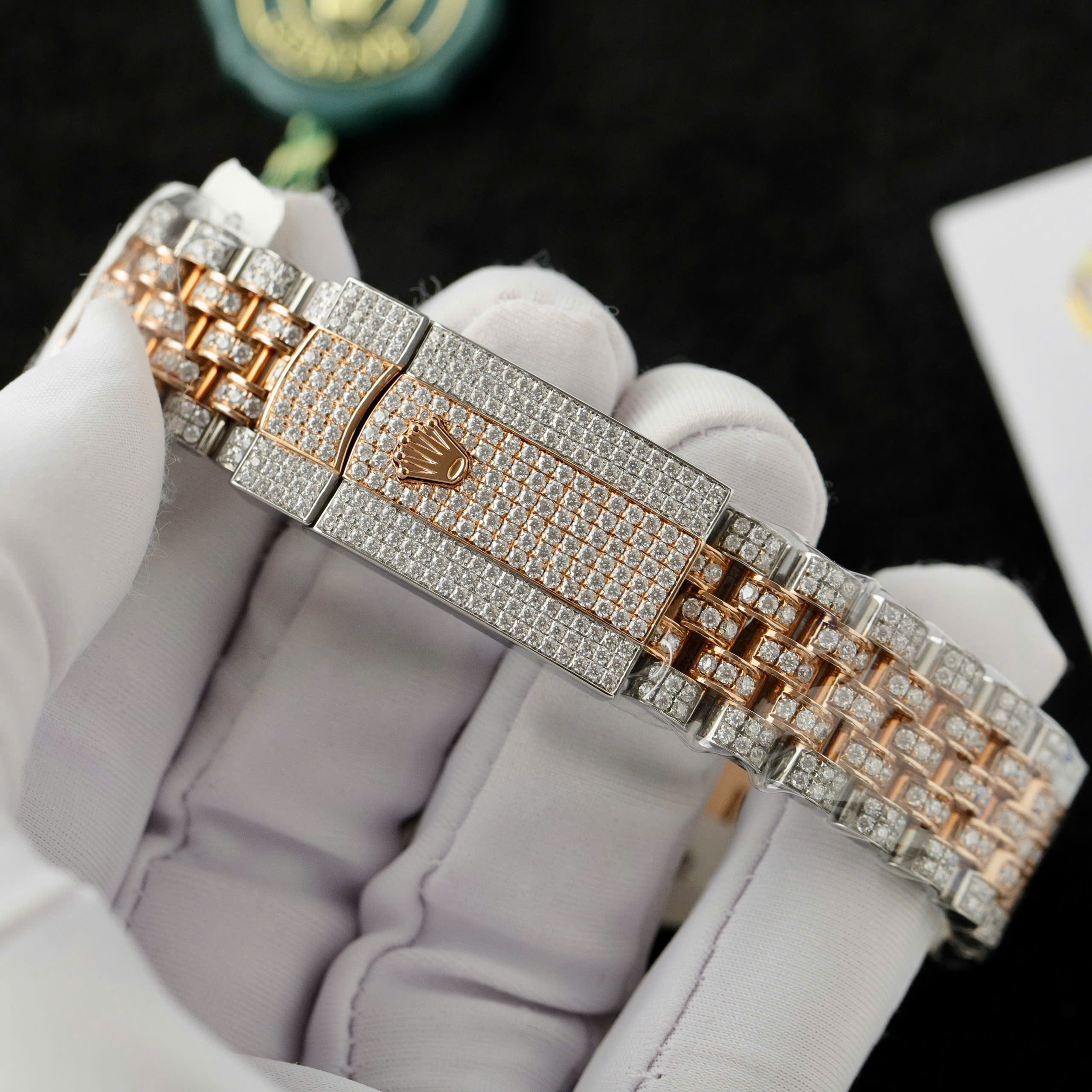 Rolex DateJust Replica Watch Dial Chocolate Custom Gold Wrapped + Moissanite Diamonds 41mm (12) Rolex DateJust Replica Watch Dial Chocolate Custom Gold Wrapped + Moissanite Diamonds 41mm (1)