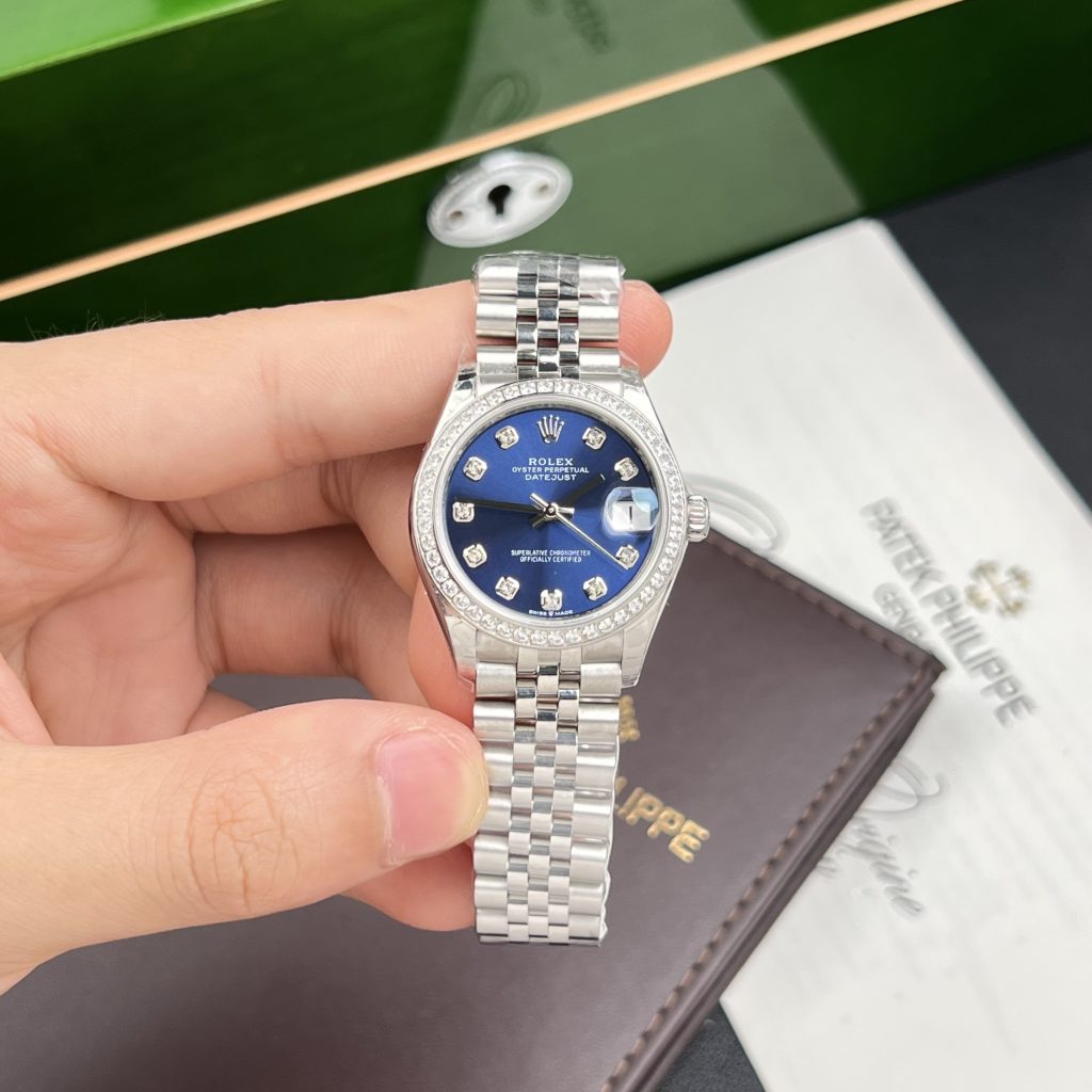 Rolex DateJust Women Blue Dial Bezel Diamonds Replica Watch EW 31mm (1)