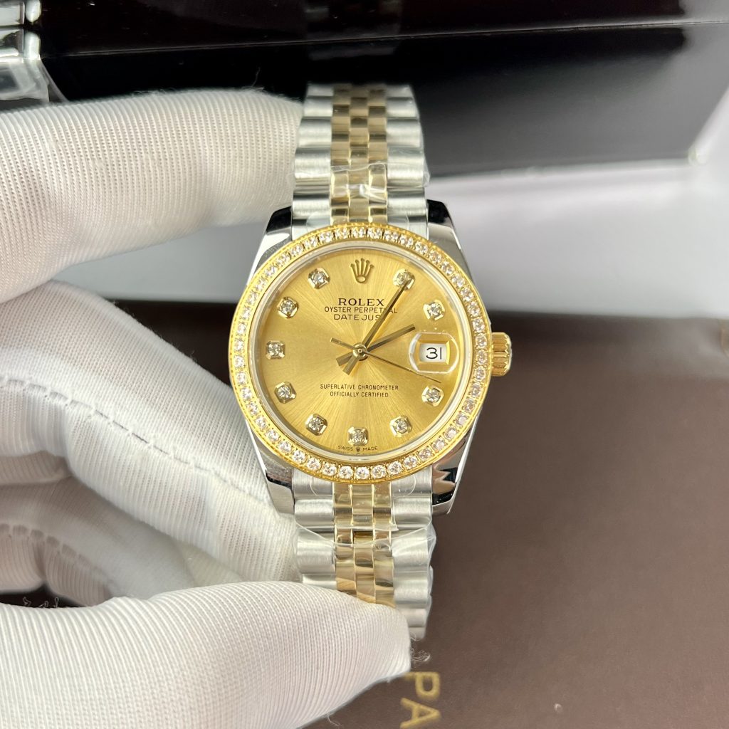 Rolex DateJust Yellow Champagne Dial Bezel Diamonds Women's 31mm