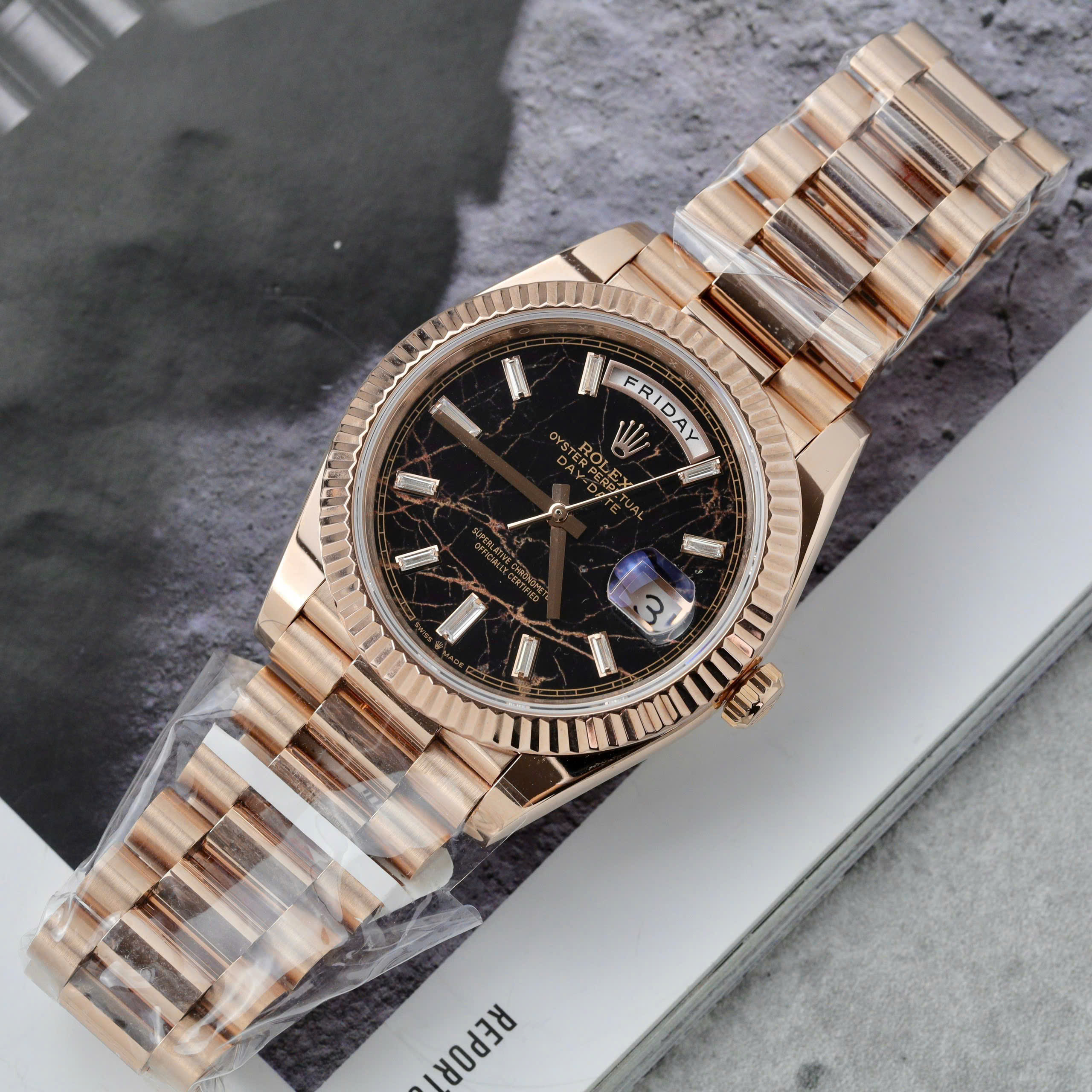 Rolex Day-Date 128235 Replica Watch Dial Eisenkiesel Gold Wrapped Weight 185 Grams QF 40mm (3) Rolex Day-Date 128235 Replica Watch Dial Eisenkiesel Gold Wrapped Weight 185 Grams QF 40mm (2)