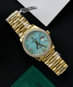 Rolex Day-Date 128238 Turquoise Dial Gold Wrapped Customs Moissanite Diamonds 36mm (1)
