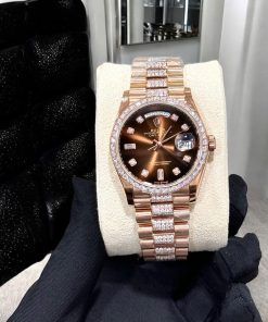 Rolex Day-Date Dial Chocolate Replica Watch Gold Wrapped Moissanite Diamonds 36mm (2)