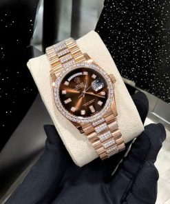 Rolex Day-Date Dial Chocolate Replica Watch Gold Wrapped Moissanite Diamonds 36mm (2)