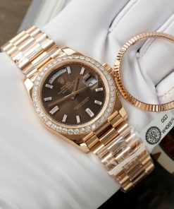 Rolex Day-Date Replica Watch Gold Wrapped Moissanite Diamonds Chocolate Dial GMF 40mm (10)