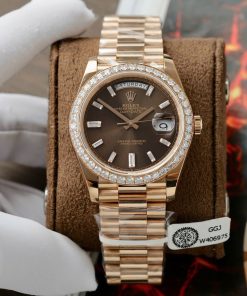 Rolex Day-Date Replica Watch Gold Wrapped Moissanite Diamonds Chocolate Dial GMF 40mm (10)