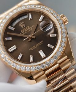 Rolex Day-Date Replica Watch Gold Wrapped Moissanite Diamonds Chocolate Dial GMF 40mm (10)