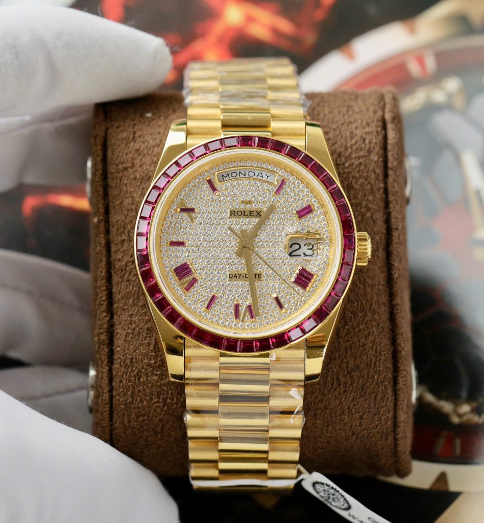 Rolex Day-Date Replica Watch Gold Wrapped Ruby + Moissanite Diamonds Custom GMF 40mm (2)
