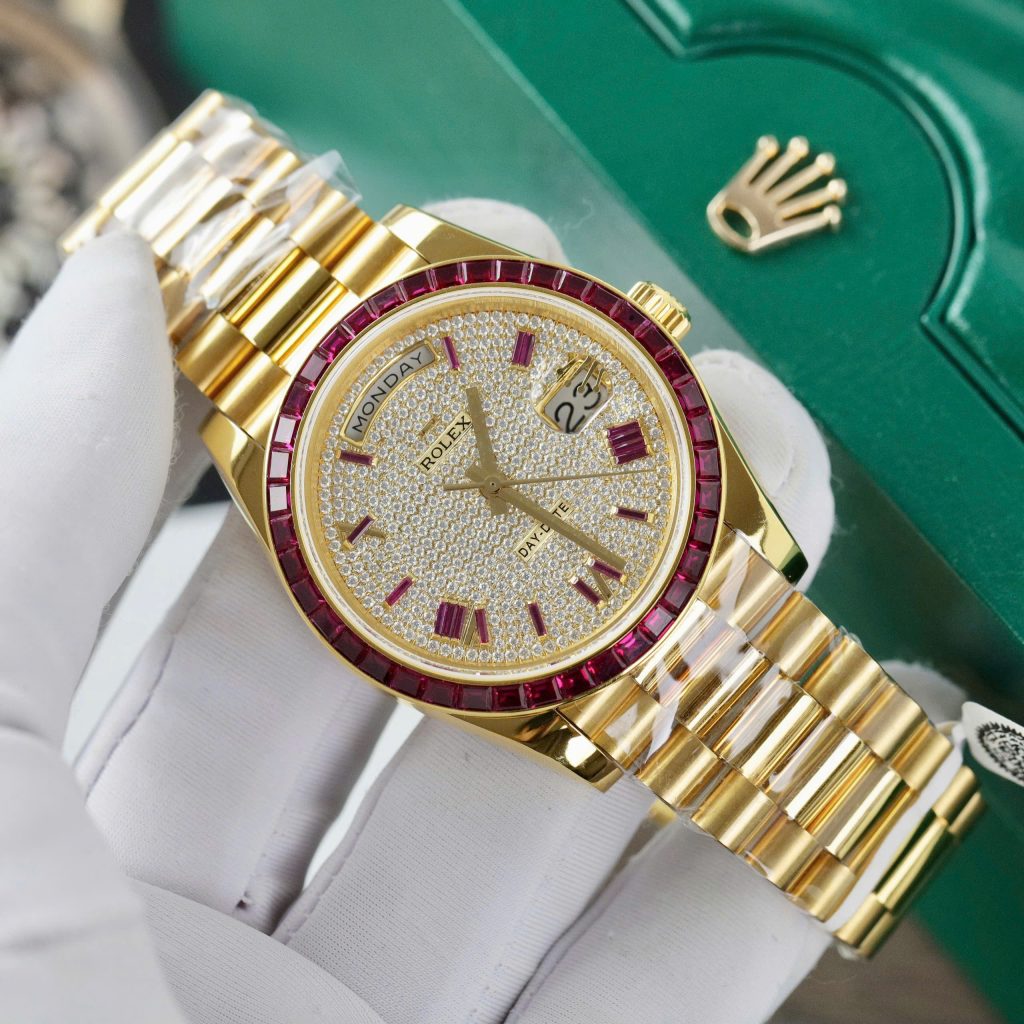 Rolex Day-Date Replica Watch Gold Wrapped Ruby + Moissanite Diamonds Custom GMF 40mm (2)