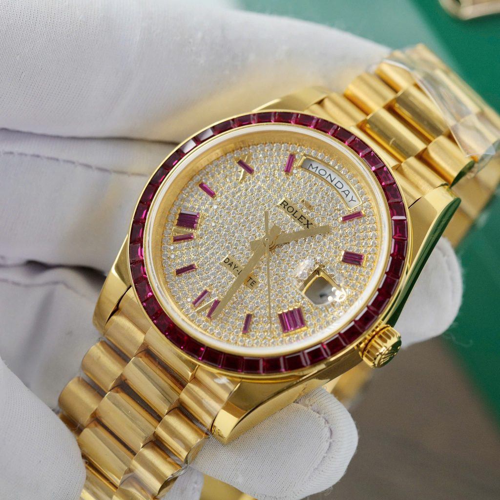 Rolex Day-Date Replica Watch Gold Wrapped Ruby + Moissanite Diamonds Custom GMF 40mm (2)