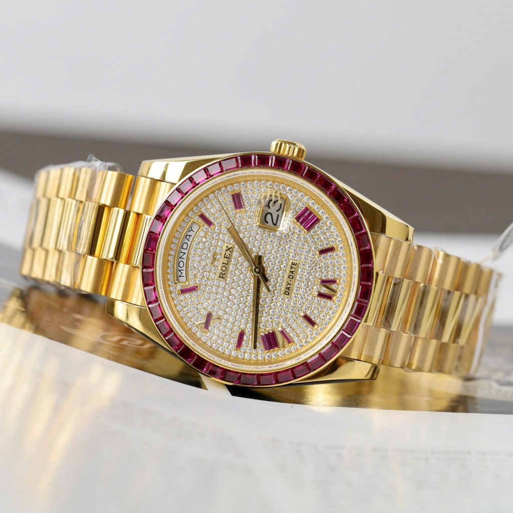 Rolex Day-Date Replica Watch Gold Wrapped Ruby + Moissanite Diamonds Custom GMF 40mm (2)