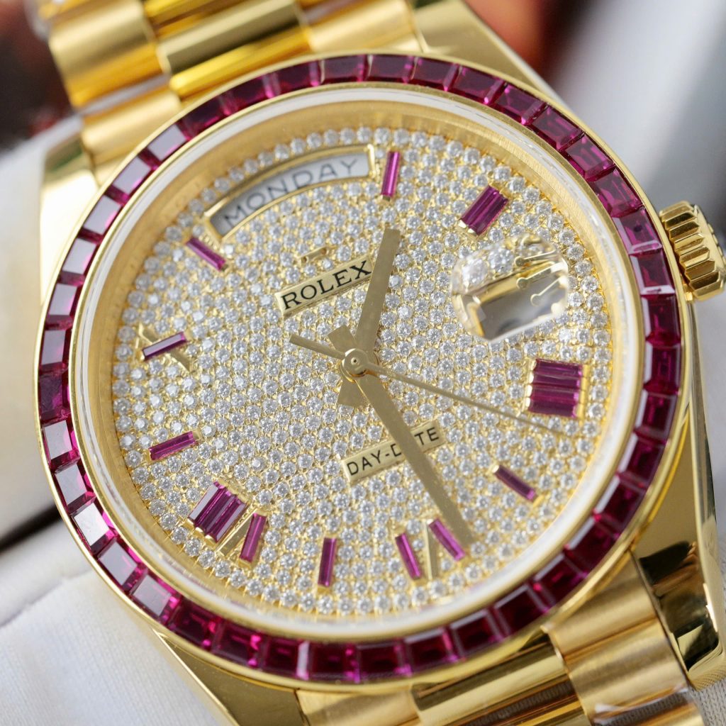Rolex Day-Date Replica Watch Gold Wrapped Ruby + Moissanite Diamonds Custom GMF 40mm (2)