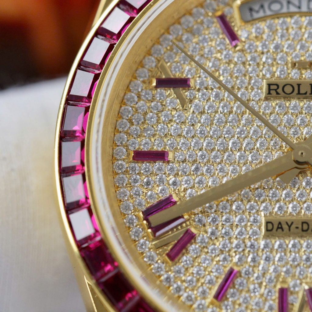 Rolex Day-Date Replica Watch Gold Wrapped Ruby + Moissanite Diamonds Custom GMF 40mm (2)
