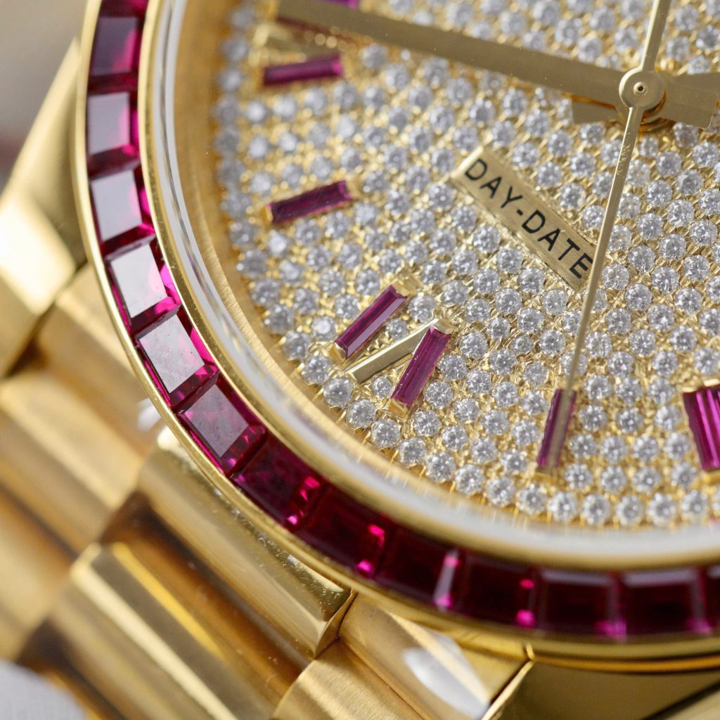Rolex Day-Date Replica Watch Gold Wrapped Ruby + Moissanite Diamonds Custom GMF 40mm (2)