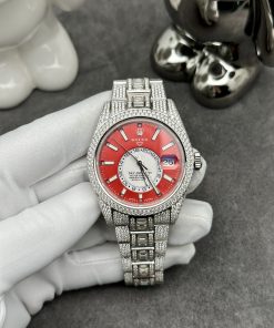 Rolex Iced Out Full Moissanite Diamonds Sky Dweller Red Dial 42mm (1)