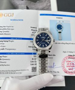 Rolex Replica Watches Custom Moissanite Diamonds Bezel Blue Motif Dial Clean 41mm