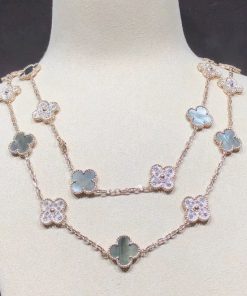 Van Cleef & Arpels Alhambra Necklace 20 Motifs Custom Natural Diamond Mother Of Pearl 18K Gold (2)