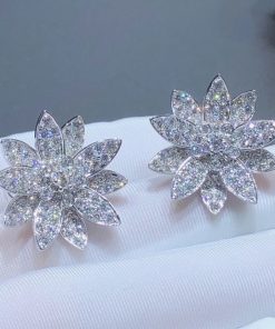 Van Cleef & Arpels Lotus Face Design Earring Custom Natural Diamond 18K White Gold (2)