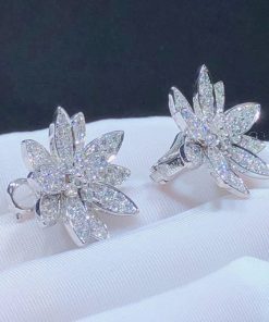 Van Cleef & Arpels Lotus Face Design Earring Custom Natural Diamond 18K White Gold (2)