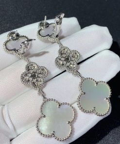 Van Cleef & Arpels Magic Alhambra Earring Custom Natural Diamond Mother Of Pearl 18K White Gold (2)