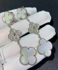 Van Cleef & Arpels Magic Alhambra Earring Custom Natural Diamond Mother Of Pearl 18K White Gold (2)