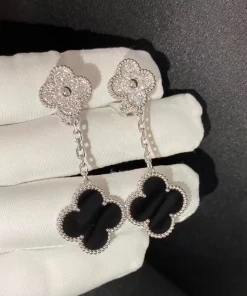 Van Cleef & Arpels Magic Alhambra Earrings 2 Motifs With Agate Diamond White Gold 18K Custom (2)