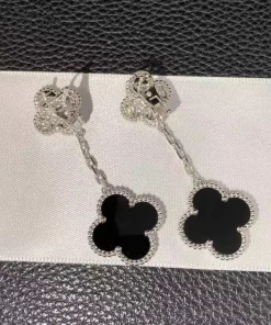 Van Cleef & Arpels Magic Alhambra Earrings 2 Motifs With Agate Diamond White Gold 18K Custom (2)