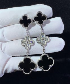 Van Cleef & Arpels Magic Alhambra Earrings Natural Diamond Agate 18K White Gold Custom (2)