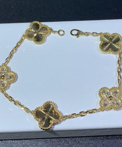 Van Cleef & Arpels Vintage Alhambra 5 Motifs Bracelet Custom Natural Diamond 18K Gold (2)