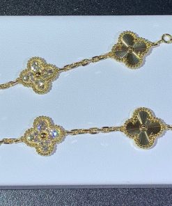 Van Cleef & Arpels Vintage Alhambra 5 Motifs Bracelet Custom Natural Diamond 18K Gold (2)