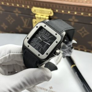 Cartier Santos 100 XL Black Roman Dial Replica 1 1 Fabric Strap 51.1×41 (1)