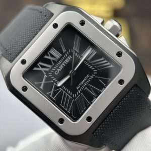 Cartier Santos 100 XL Black Roman Dial Replica 1 1 Fabric Strap 51.1×41 (1)